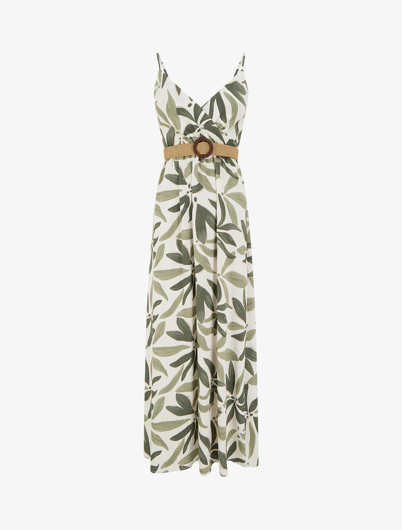 Robe longue évasée imprimé végétal - Kaki