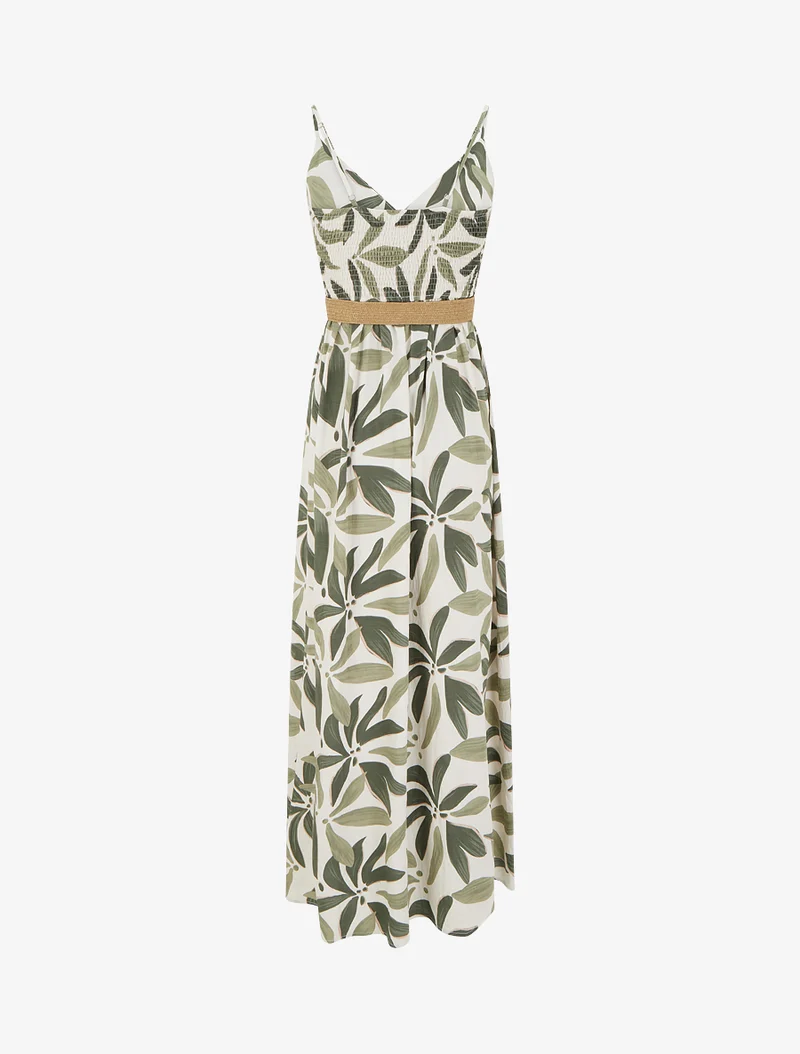 Robe longue évasée imprimé végétal - Kaki