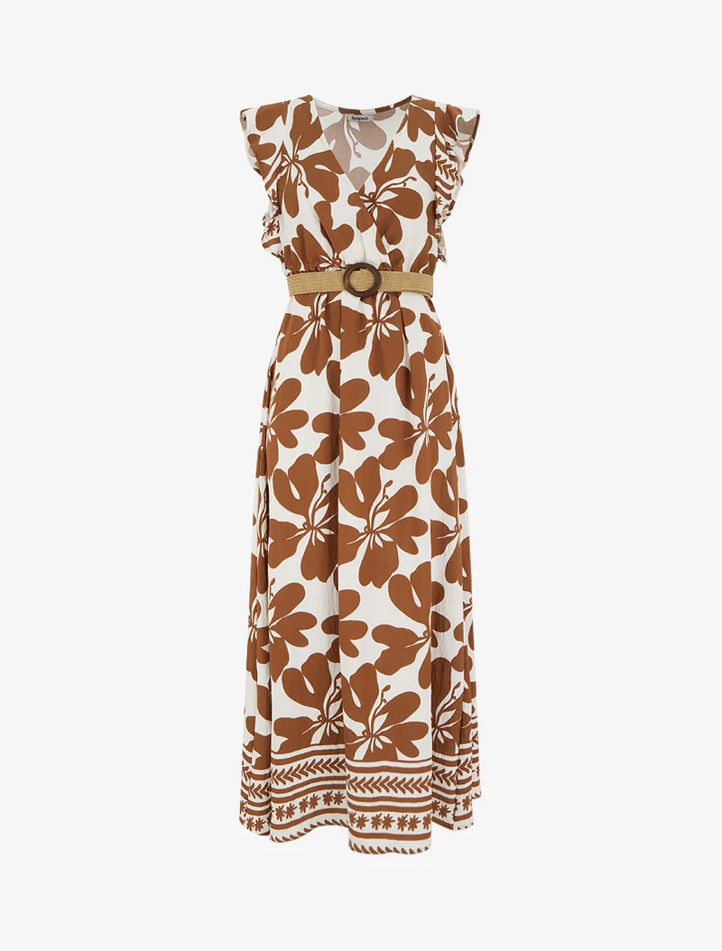Robe longue imprimé grandes fleurs à col cache-coeur - Marron