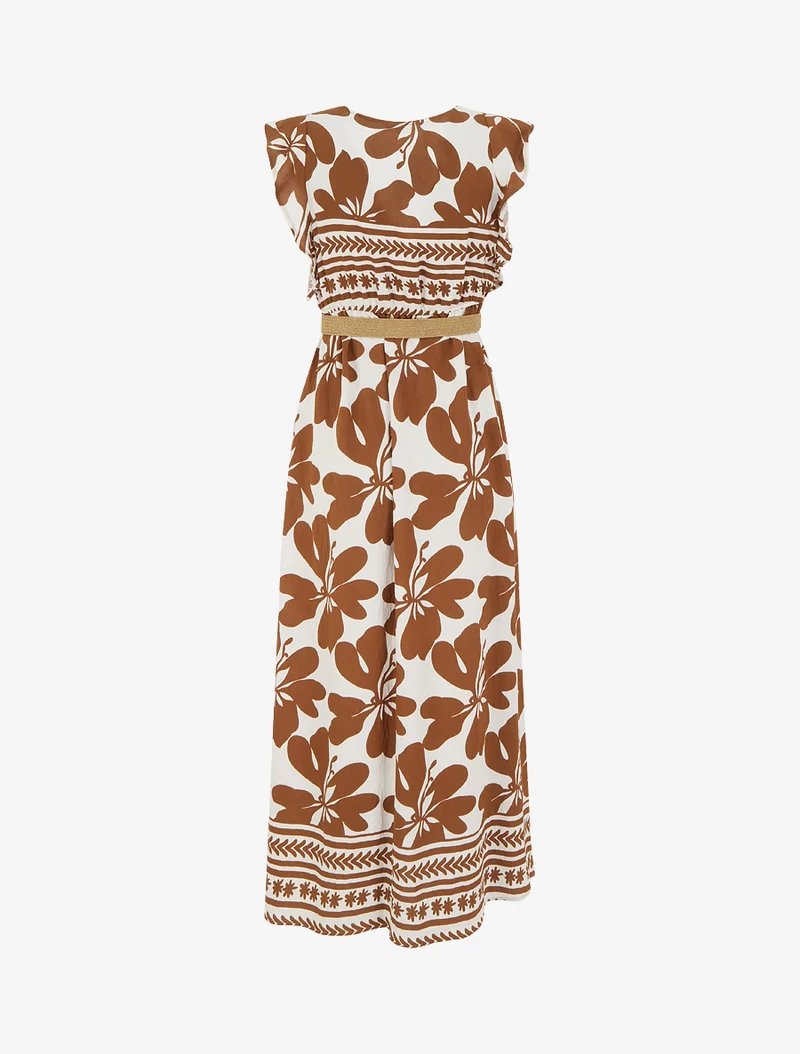 Robe longue imprimé grandes fleurs à col cache-coeur - Marron