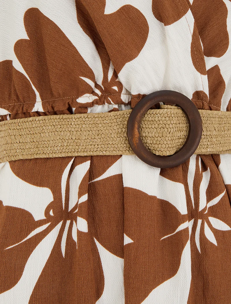 Robe longue imprimé grandes fleurs à col cache-coeur - Marron