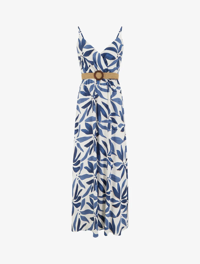 Robe longue évasée imprimé végétal - Marine