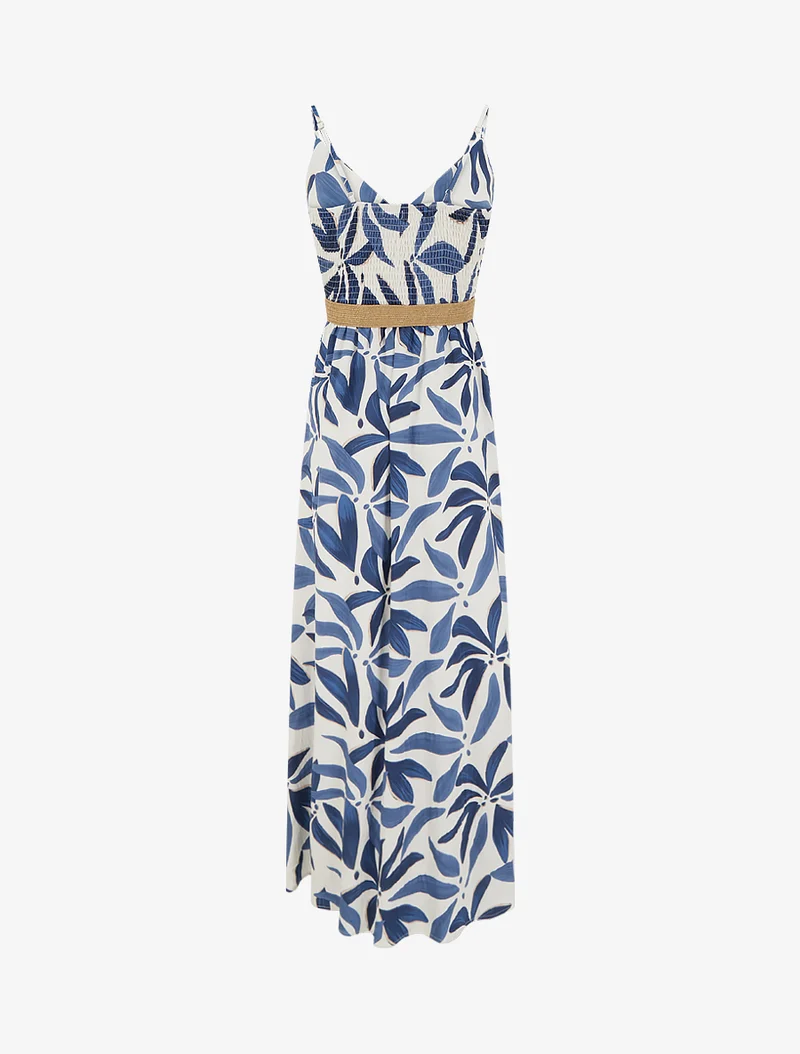 Robe longue évasée imprimé végétal - Marine