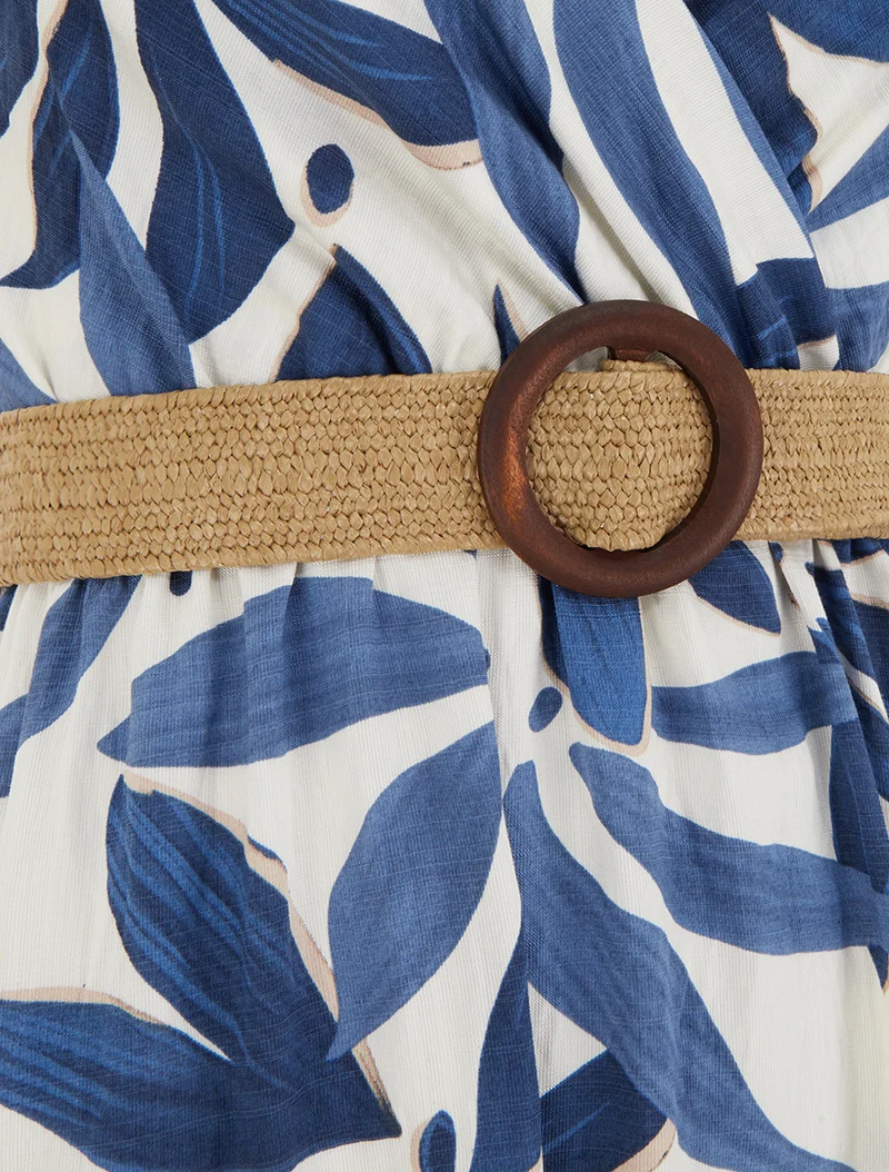 Robe longue évasée imprimé végétal - Marine