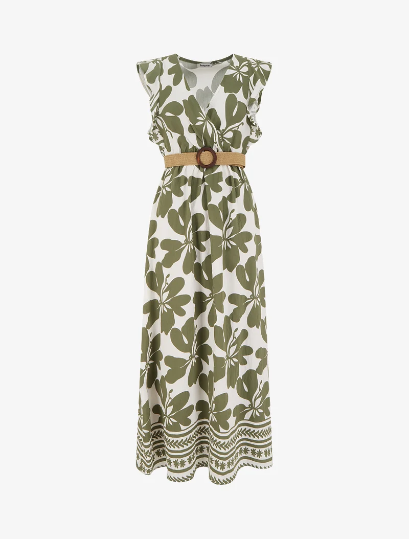 Robe longue imprimé grandes fleurs à col cache-coeur - Kaki