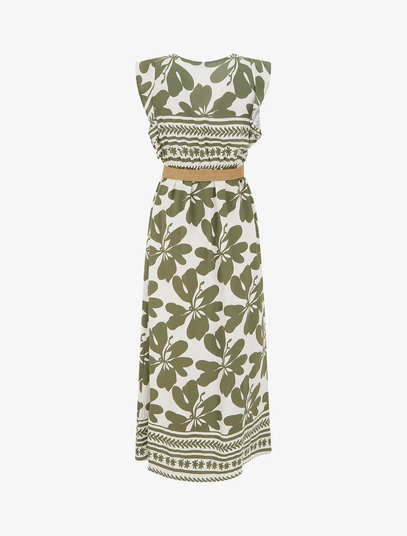 Robe longue imprimé grandes fleurs à col cache-coeur - Kaki