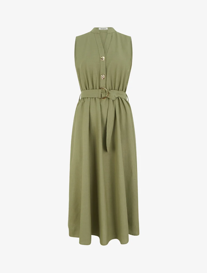 Robe longue unie effet lin - Kaki