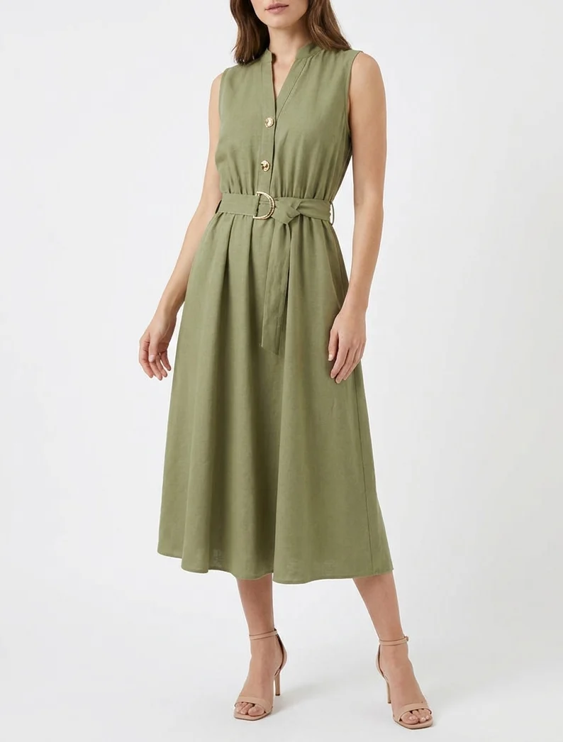 Robe longue unie effet lin - Kaki