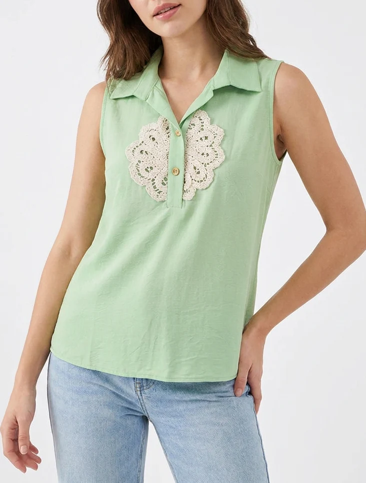 Blouse sans manches à empiècement crochet - Vert pomme