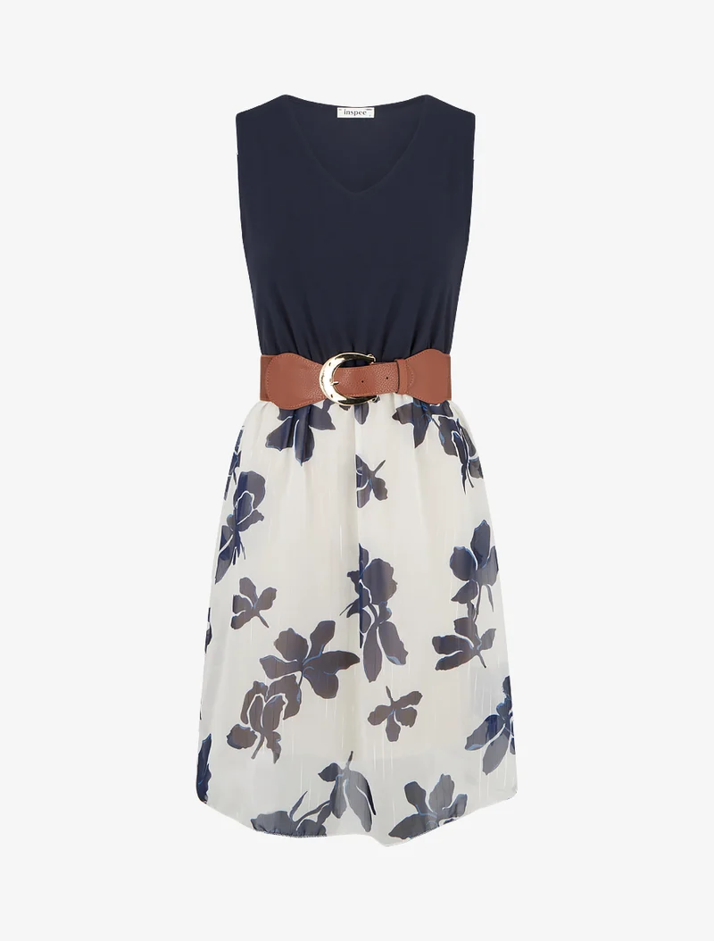 Robe coupe évasée imprimé floral - Marine