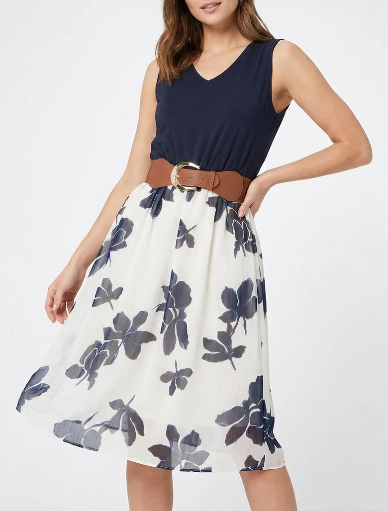 Robe coupe évasée imprimé floral - Marine