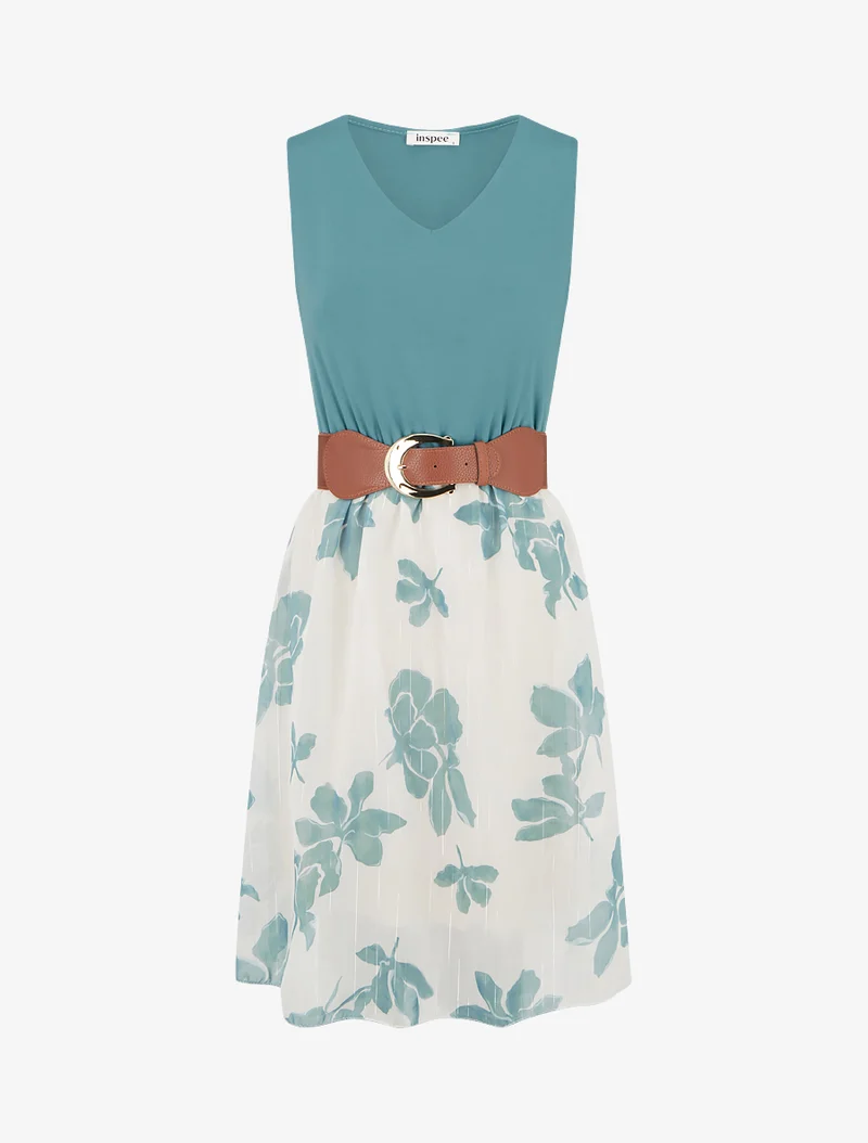 Robe coupe évasée imprimé floral - Bleu clair