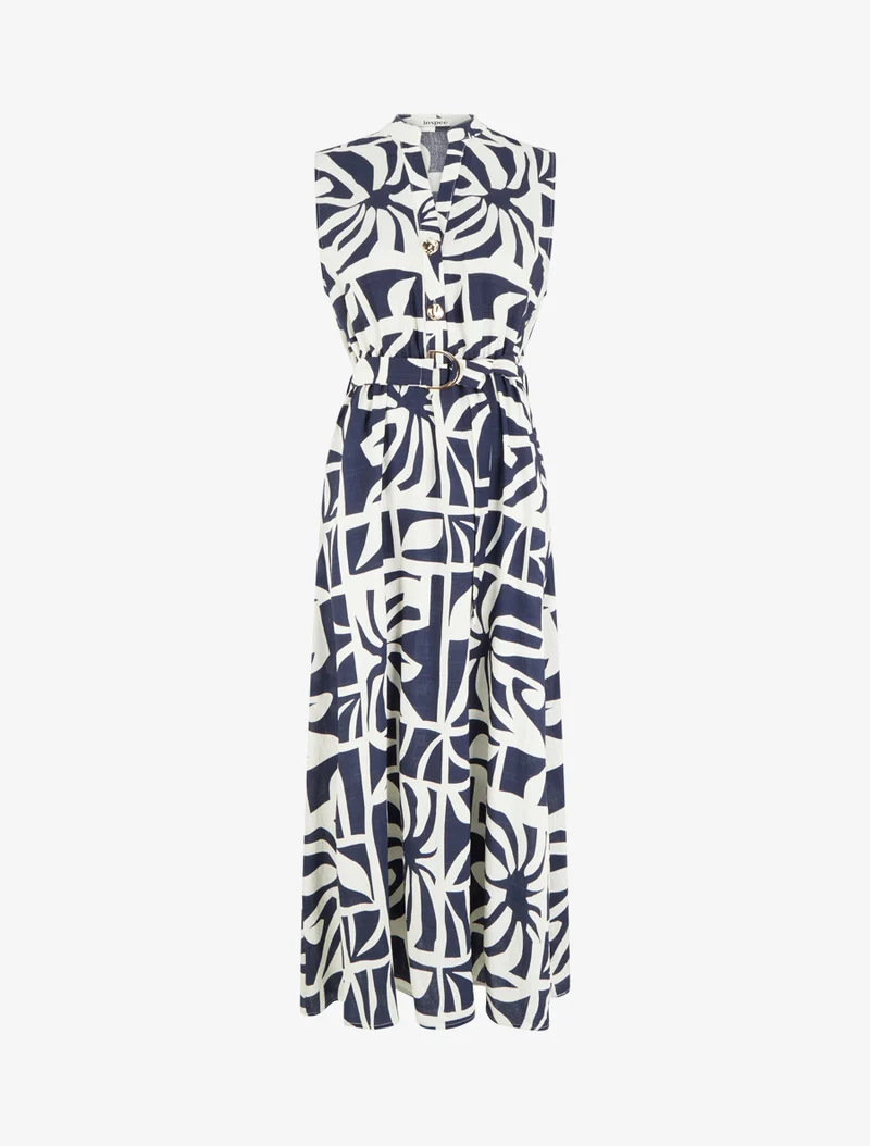Robe longue imprimé stylisé à boutons décoratifs - Marine