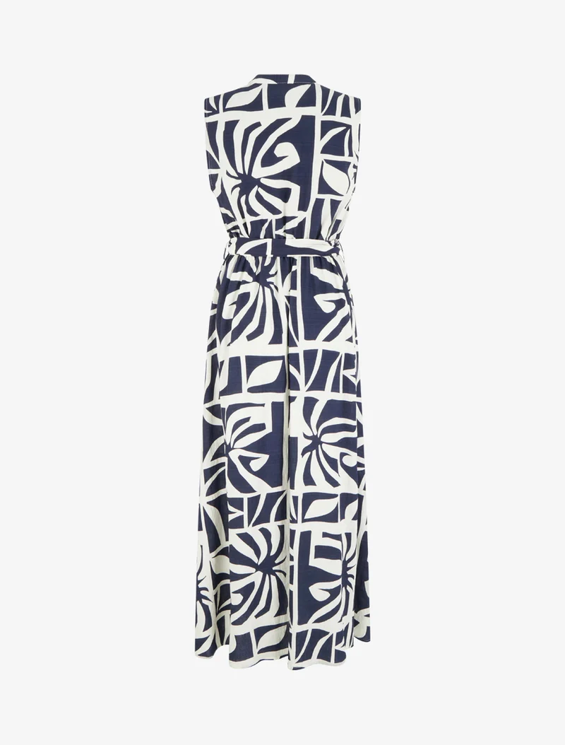 Robe longue imprimé stylisé à boutons décoratifs - Marine