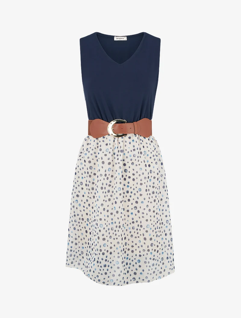 Robe coupe évasée imprimé pois fantaisies - Marine