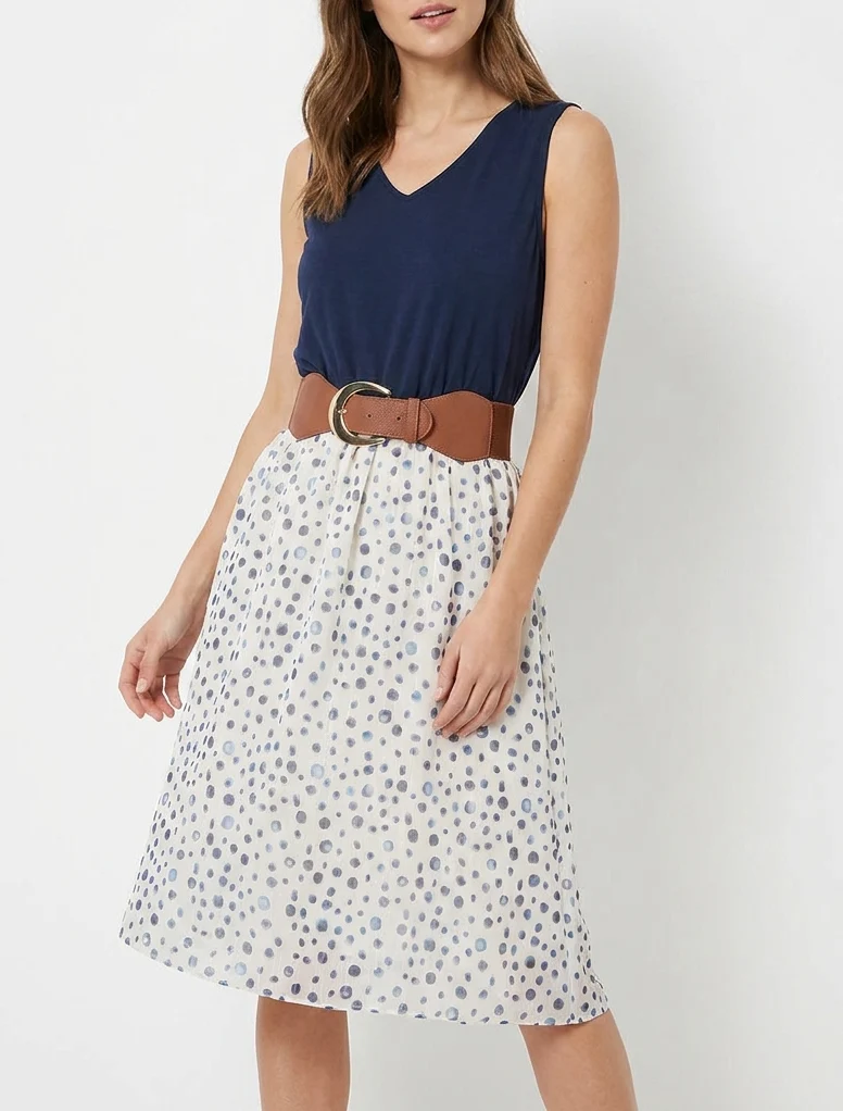 Robe coupe évasée imprimé pois fantaisies - Marine