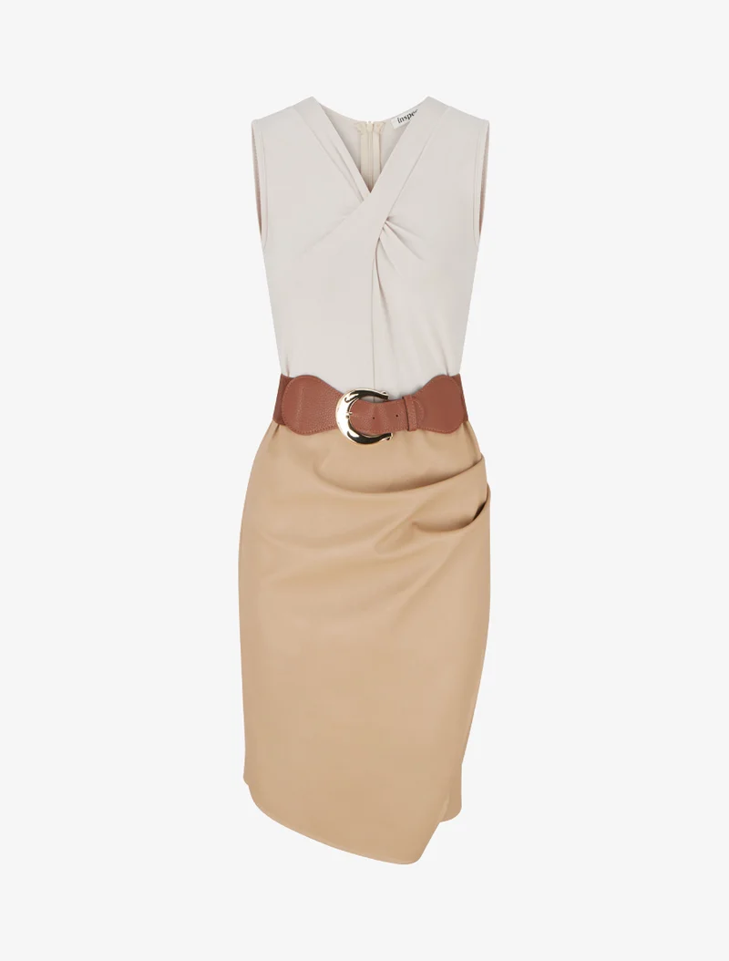 Robe bimatière à col V - Beige