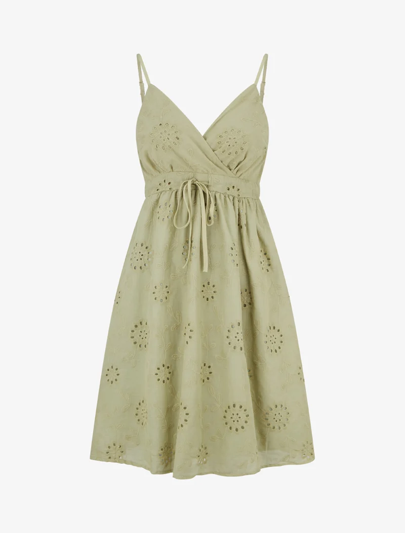 Robe mi-longue à motif floral ajouré - Kaki