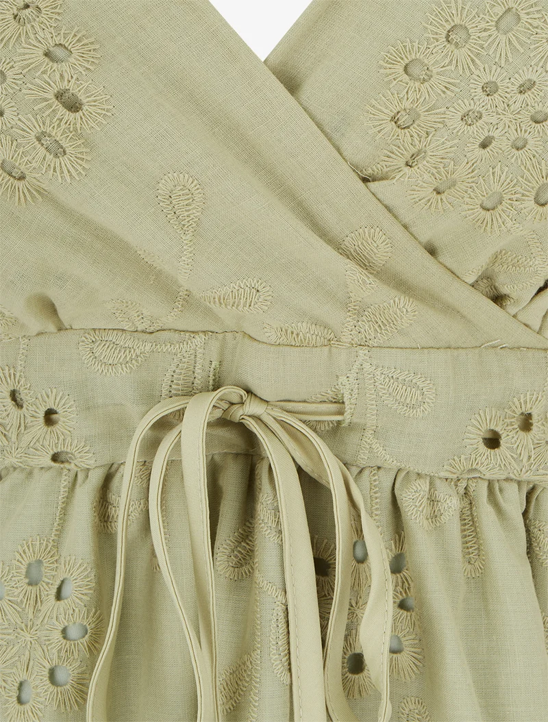 Robe mi-longue à motif floral ajouré - Kaki