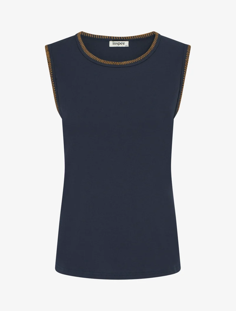 T-shirt uni sans manches à détail broderies - Marine