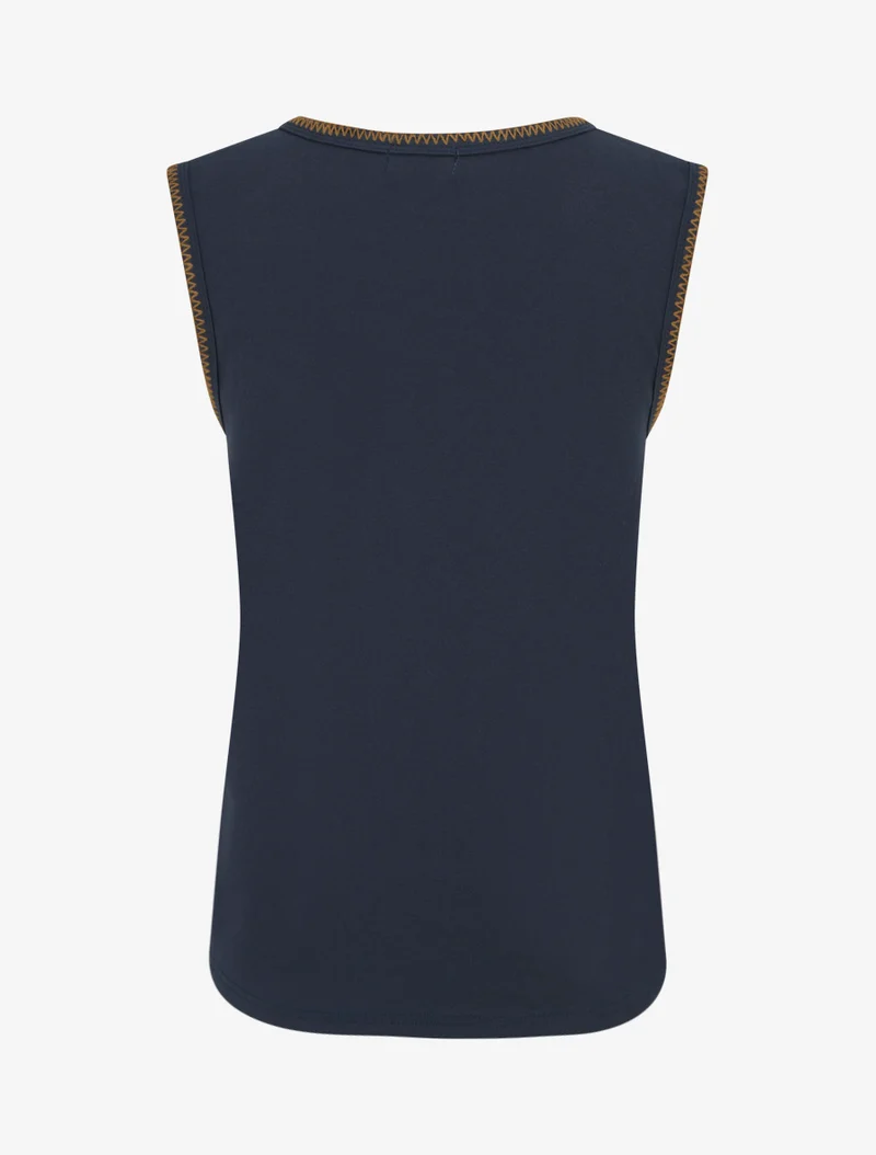 T-shirt uni sans manches à détail broderies - Marine