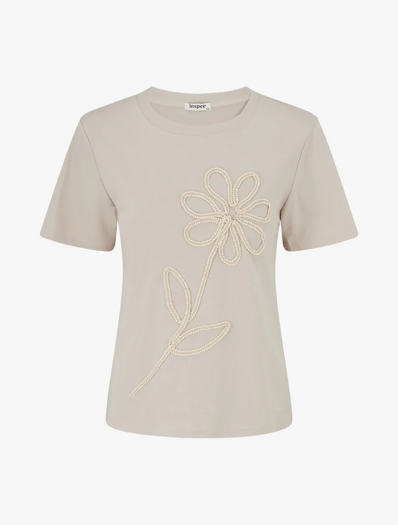 T-shirt uni à broderie fleur - Beige