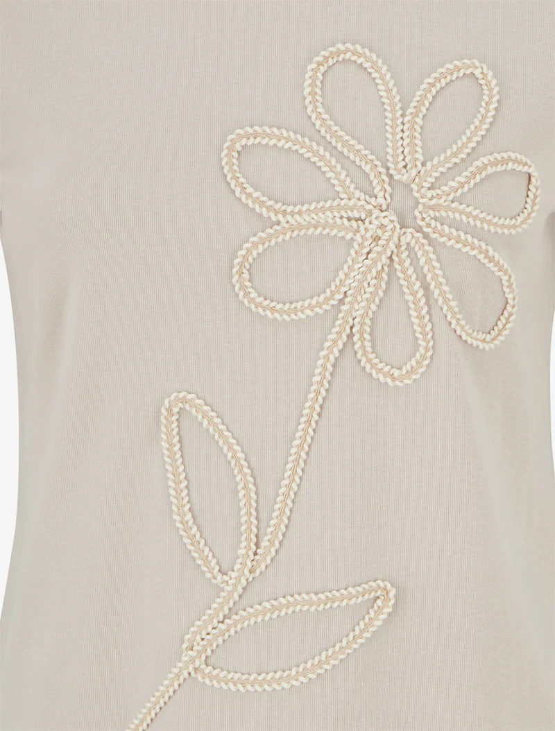 T-shirt uni à broderie fleur - Beige