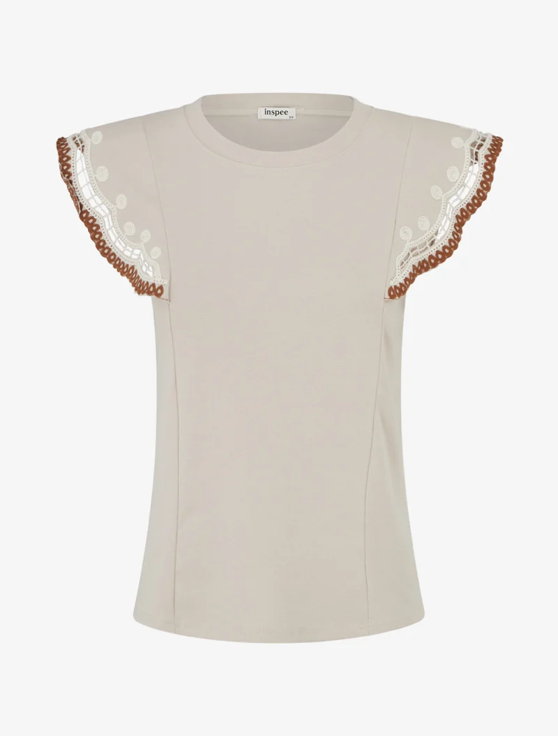 T-shirt uni manches courtes brodées - Beige