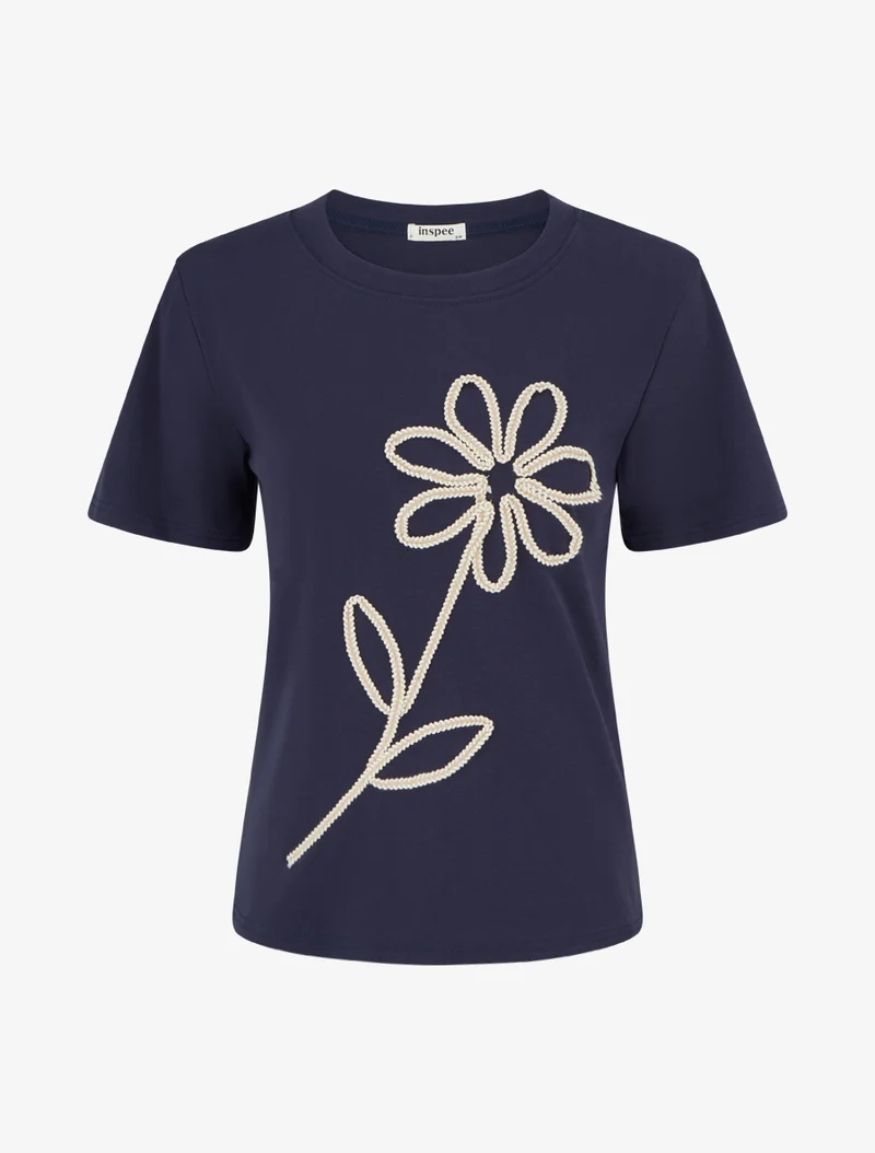 T-shirt uni à broderie fleur - Marine
