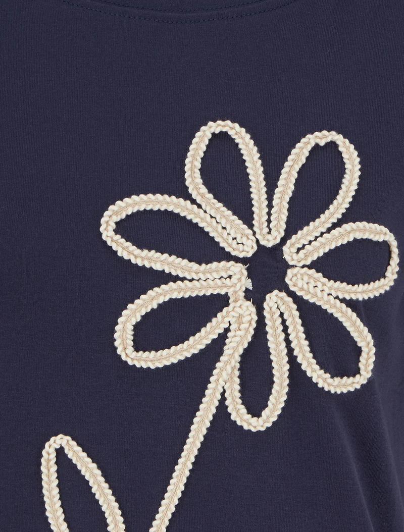 T-shirt uni à broderie fleur - Marine