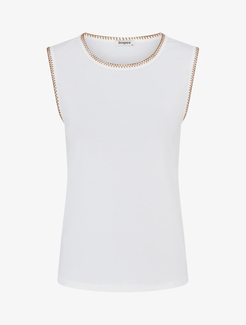 T-shirt uni sans manches à détail broderies - Blanc