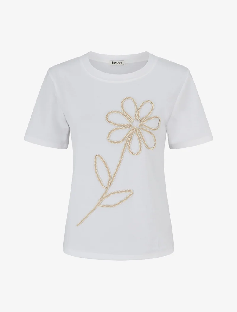 T-shirt uni à broderie fleur - Blanc