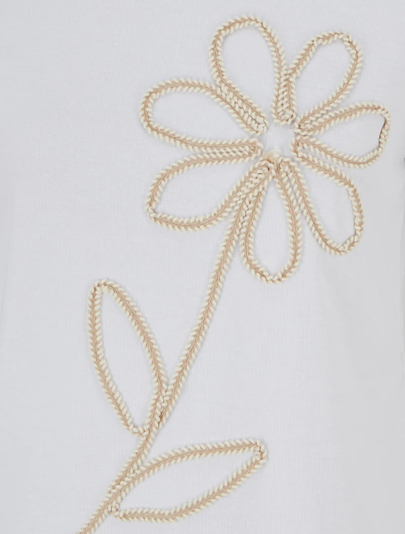 T-shirt uni à broderie fleur - Blanc