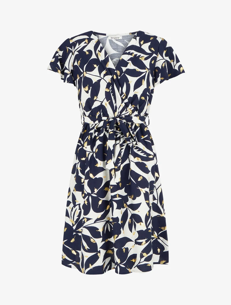 Robe mi-longue imprimé feuilles et irisée - Marine