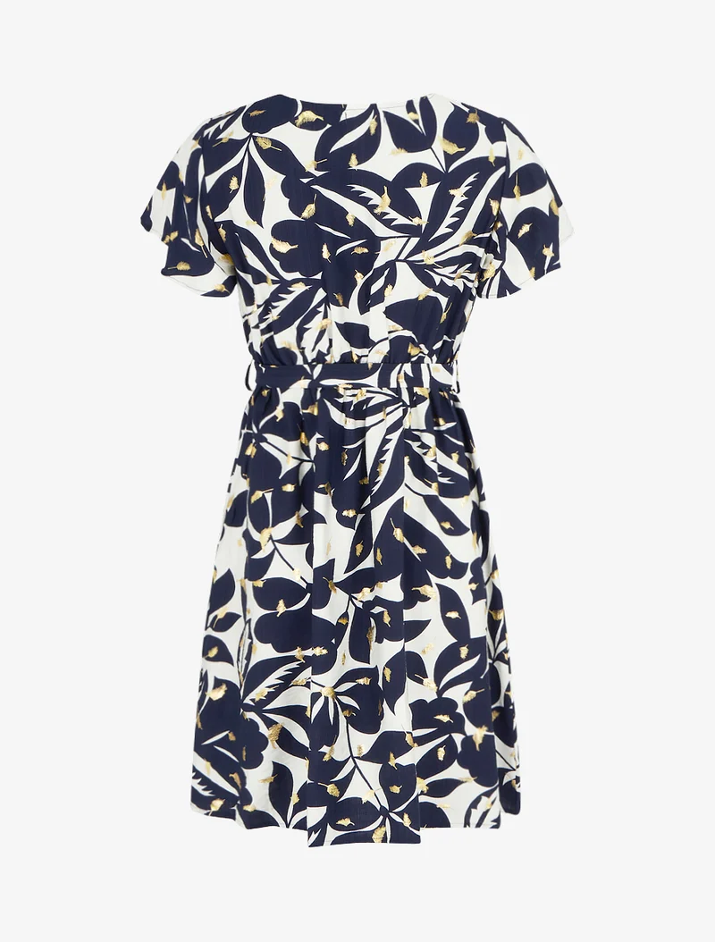 Robe mi-longue imprimé feuilles et irisée - Marine
