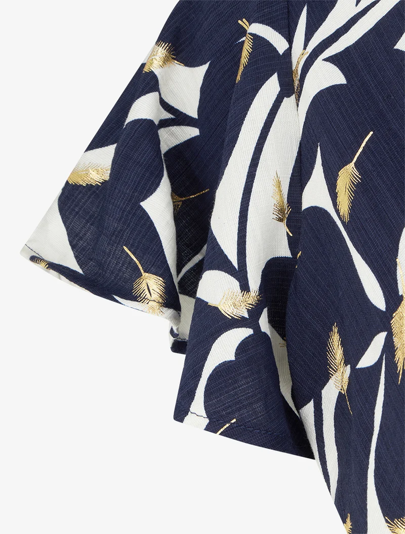 Robe mi-longue imprimé feuilles et irisée - Marine