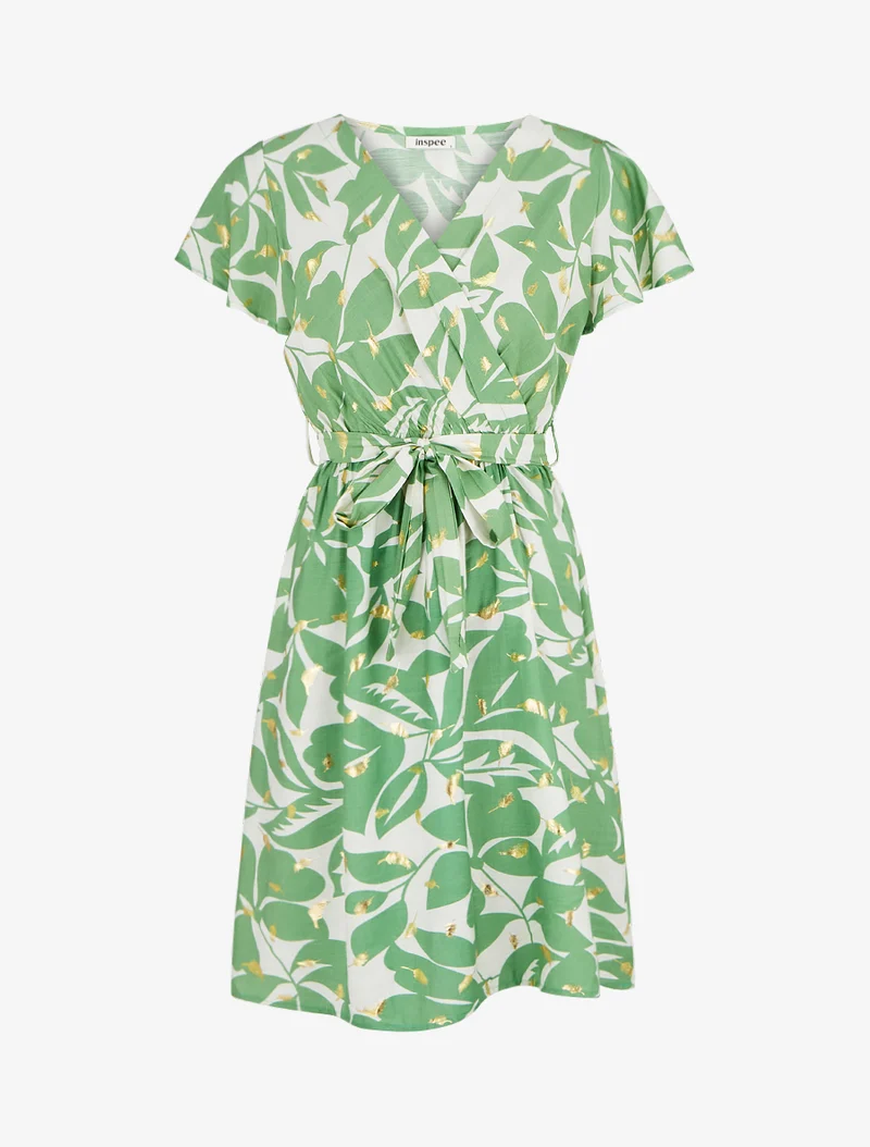 Robe mi-longue imprimé feuilles et irisée - Vert