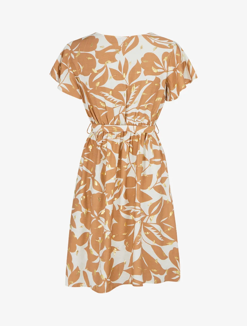 Robe mi-longue imprimé feuilles et irisée - Camel