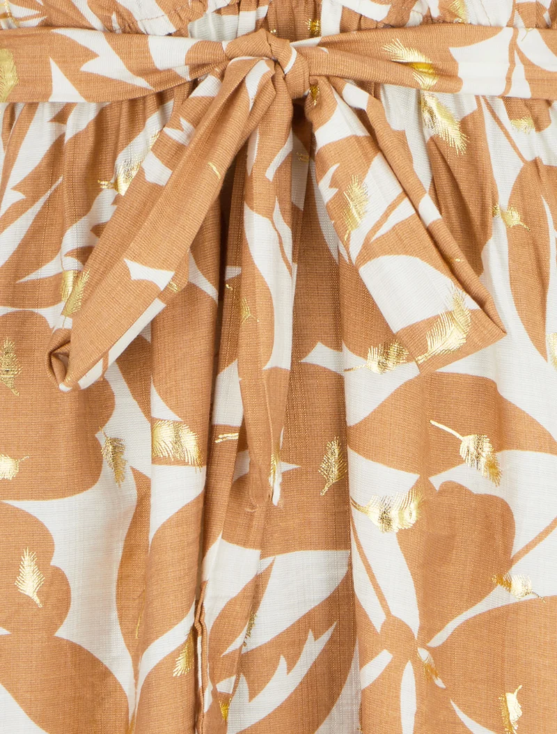 Robe mi-longue imprimé feuilles et irisée - Camel