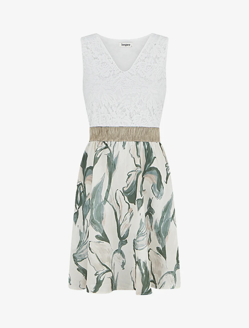 Robe mi-longue à dentelle et imprimé fantaisie - Kaki