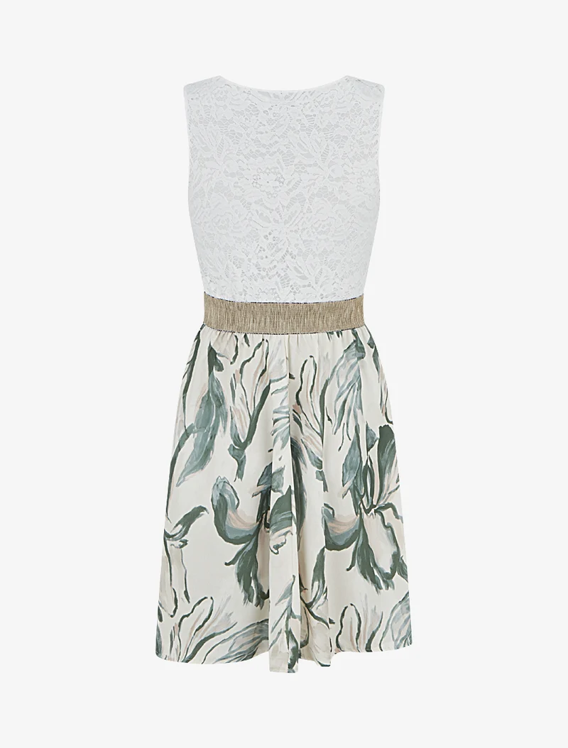 Robe mi-longue à dentelle et imprimé fantaisie - Kaki
