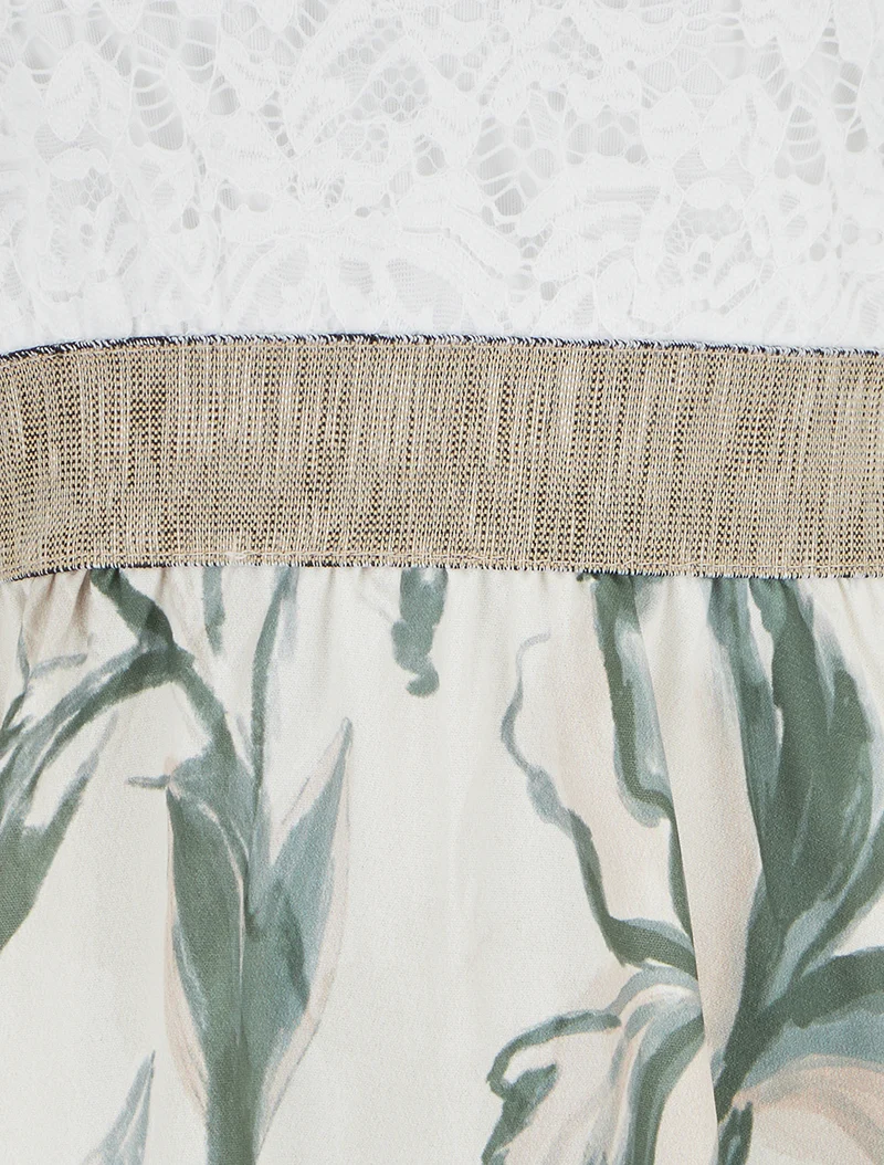 Robe mi-longue à dentelle et imprimé fantaisie - Kaki