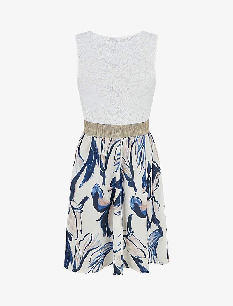 Robe mi-longue à dentelle et imprimé fantaisie - Marine