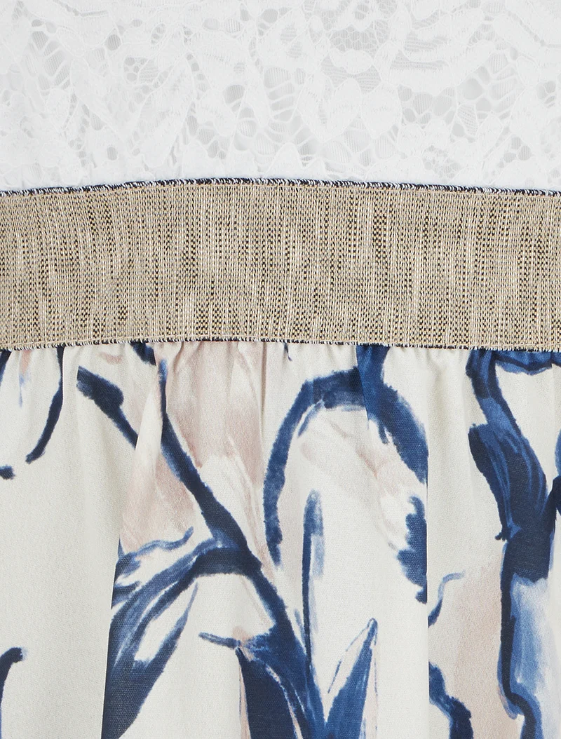 Robe mi-longue à dentelle et imprimé fantaisie - Marine
