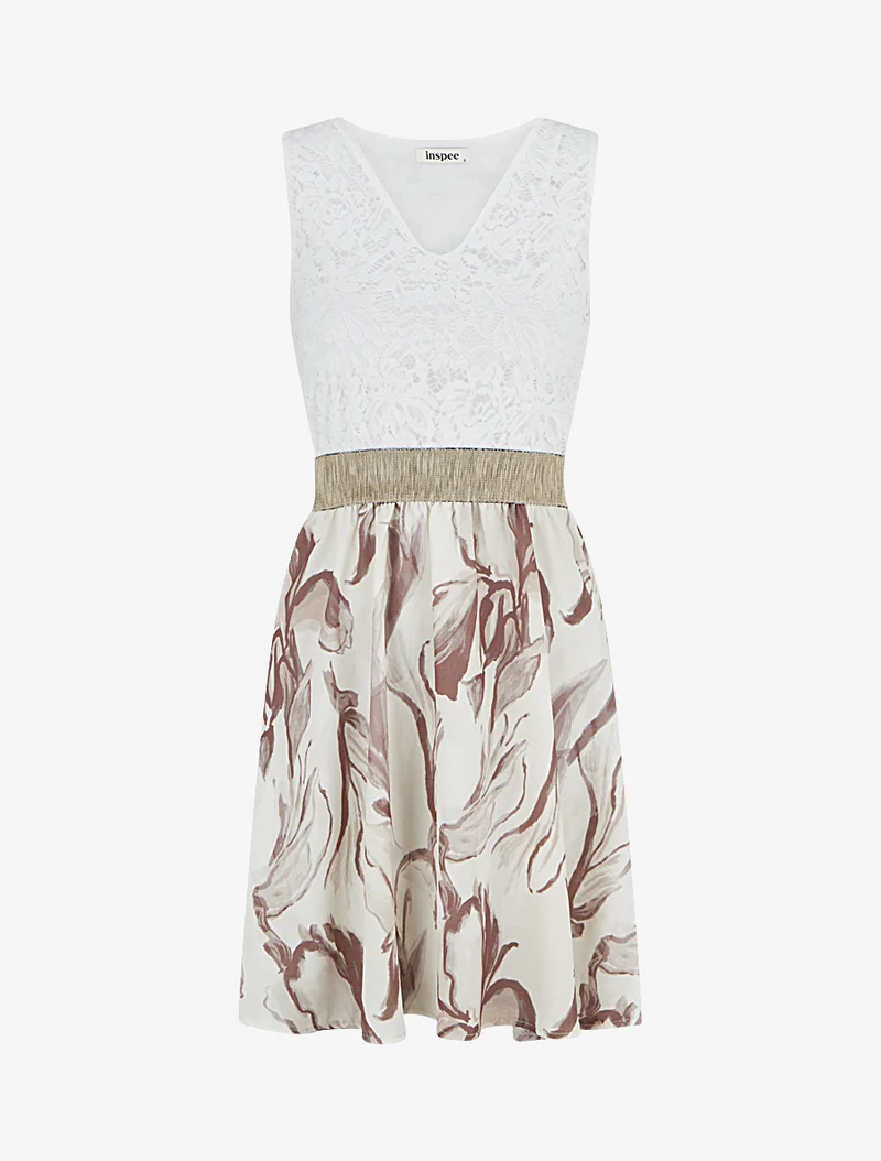 Robe mi-longue à dentelle et imprimé fantaisie - Beige