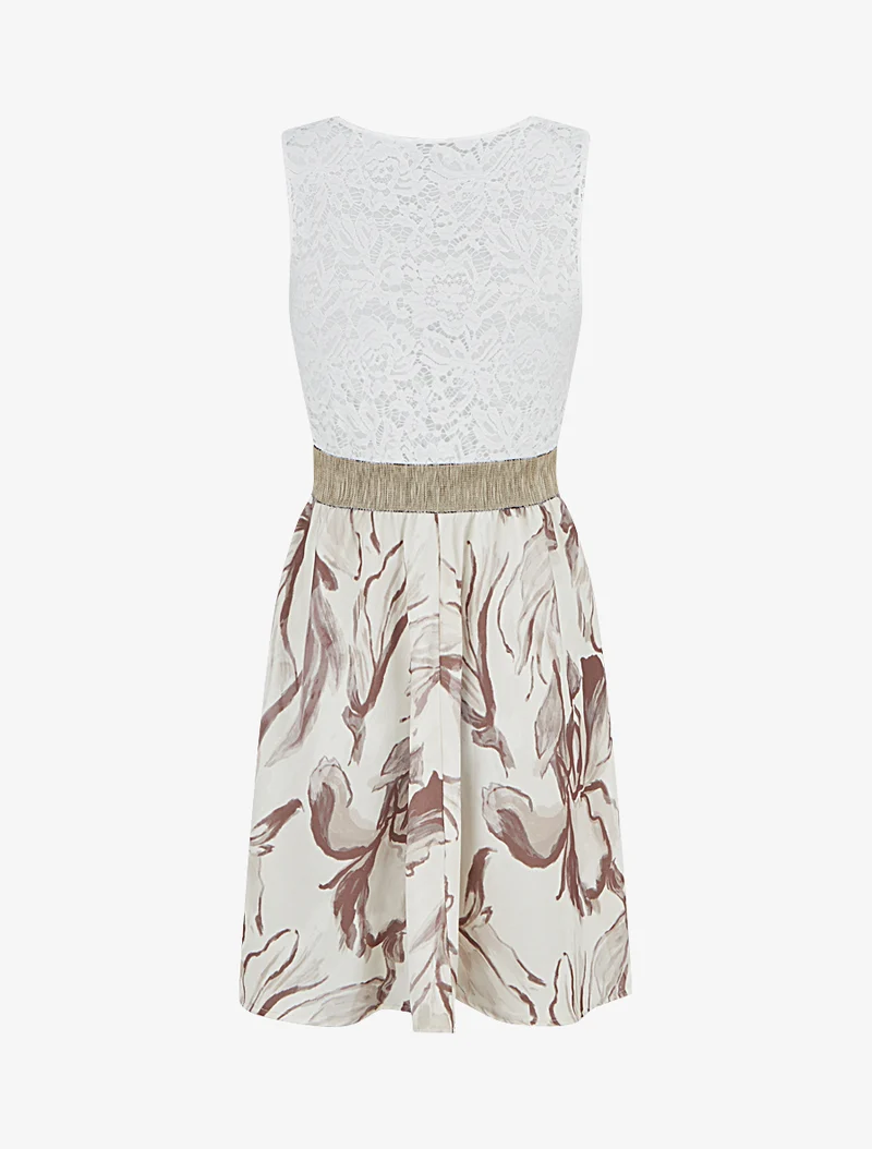 Robe mi-longue à dentelle et imprimé fantaisie - Beige