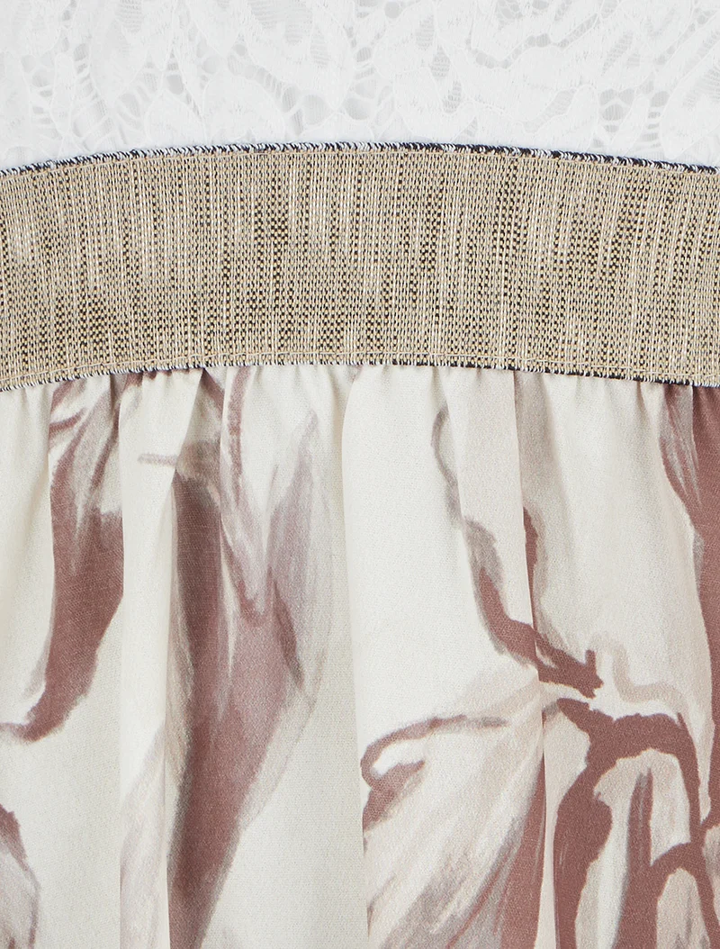 Robe mi-longue à dentelle et imprimé fantaisie - Beige