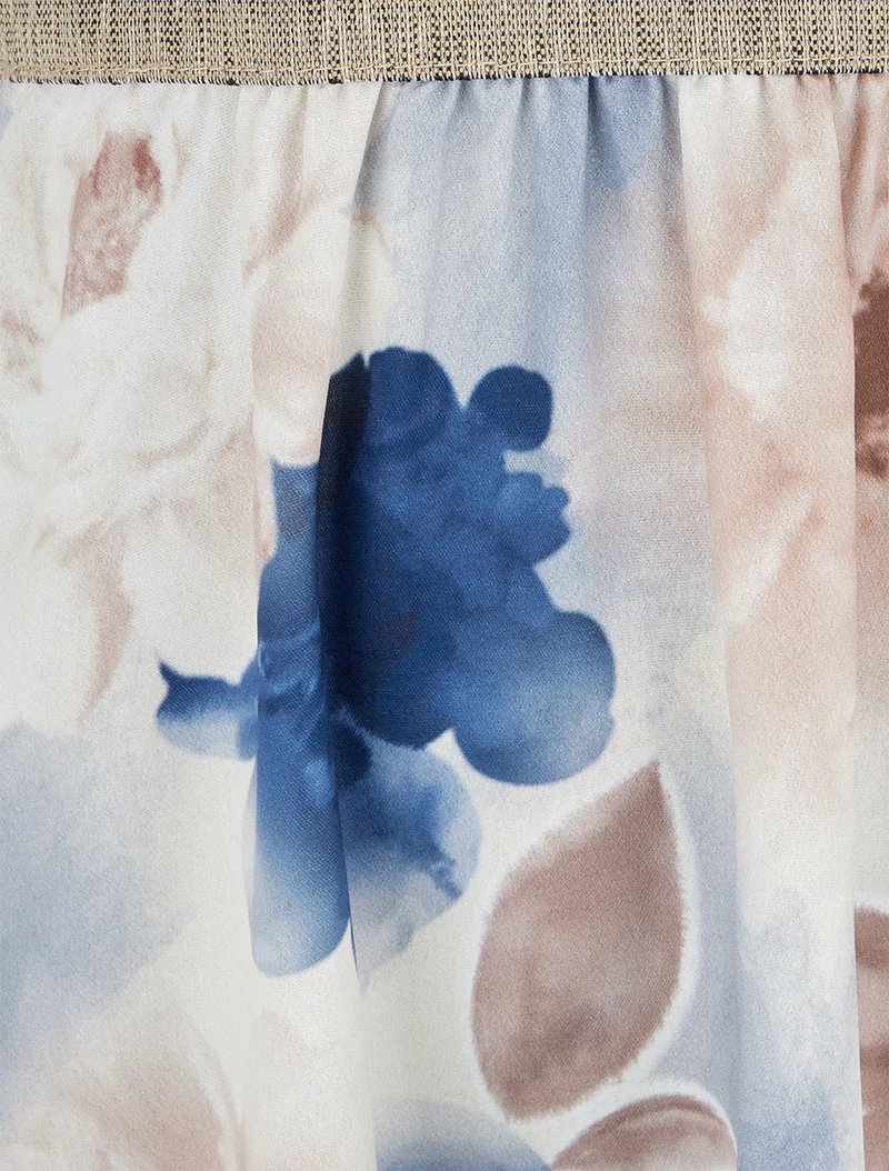Robe mi-longue à dentelle et imprimé aquarelle - Marine