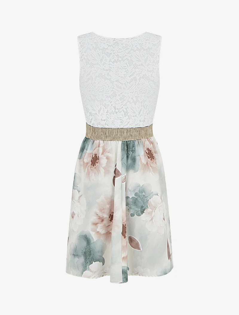 Robe mi-longue à dentelle et imprimé aquarelle - Kaki
