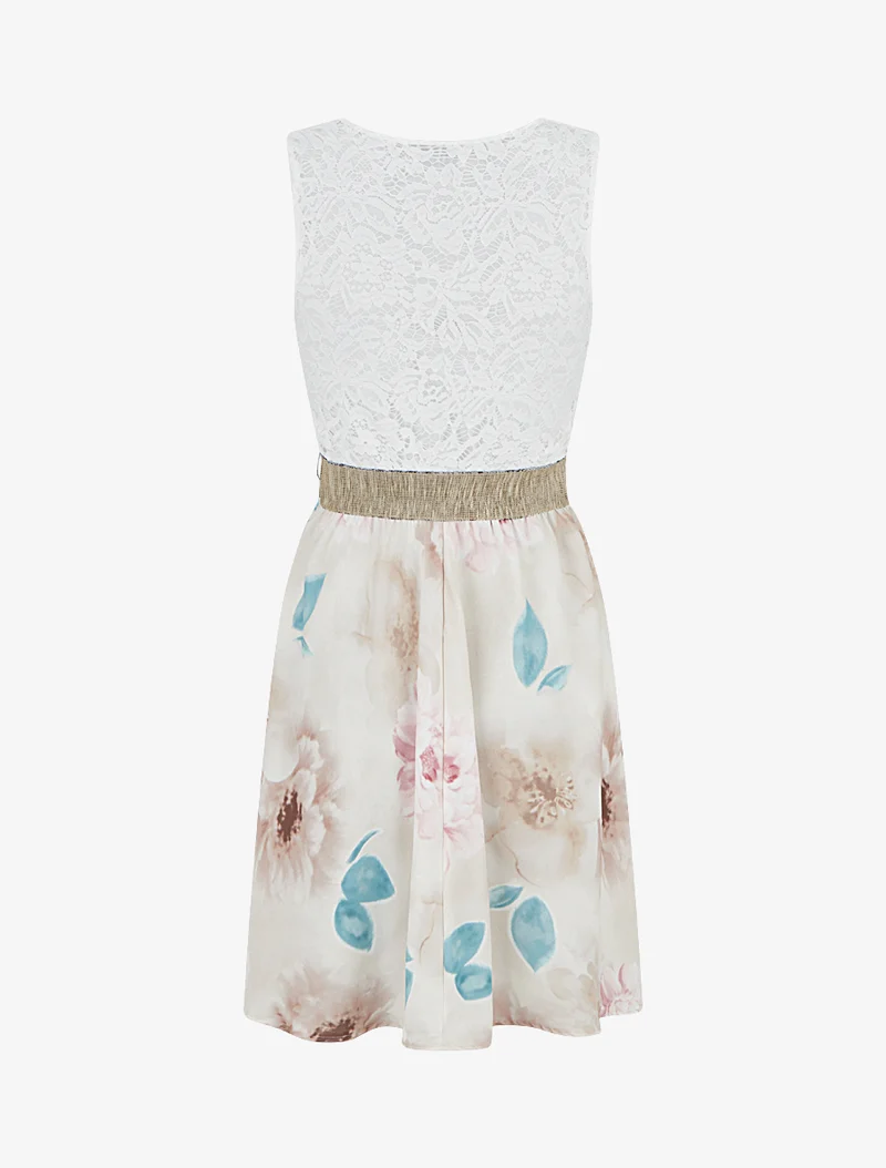 Robe mi-longue à dentelle et imprimé aquarelle - Beige